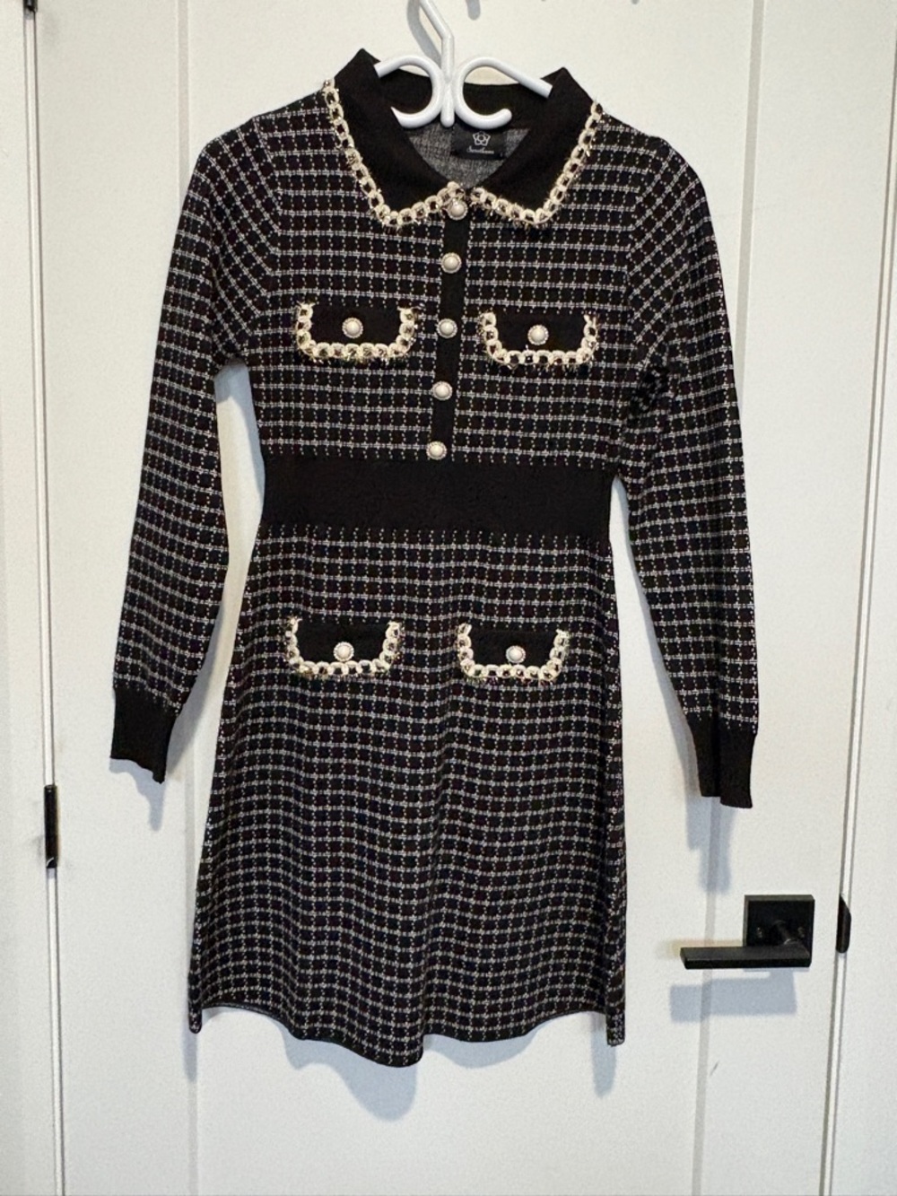 Pearl-Button Tweed Knit Dress with Braided Trim